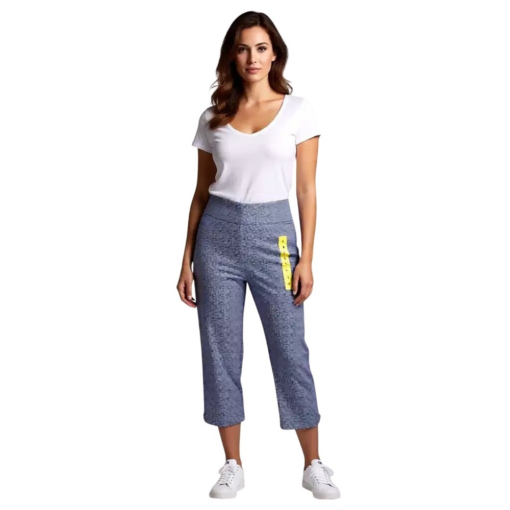 S.C. & CO. Women Blue Geometric 360 Tummy Control Crop Pants Capris Size 6 NWT